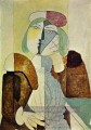 Portrait Femme au chapeau paille sur fond rose 1938 cubiste Pablo Picasso